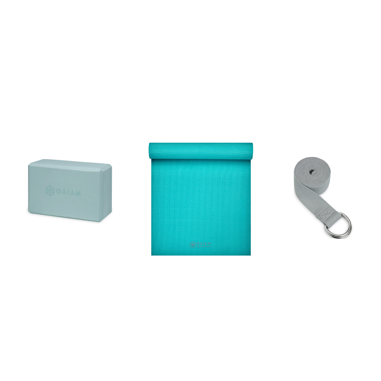 Yoga Bundle - Block (Morning Dew), Mat (Teal), Strap (Grey)